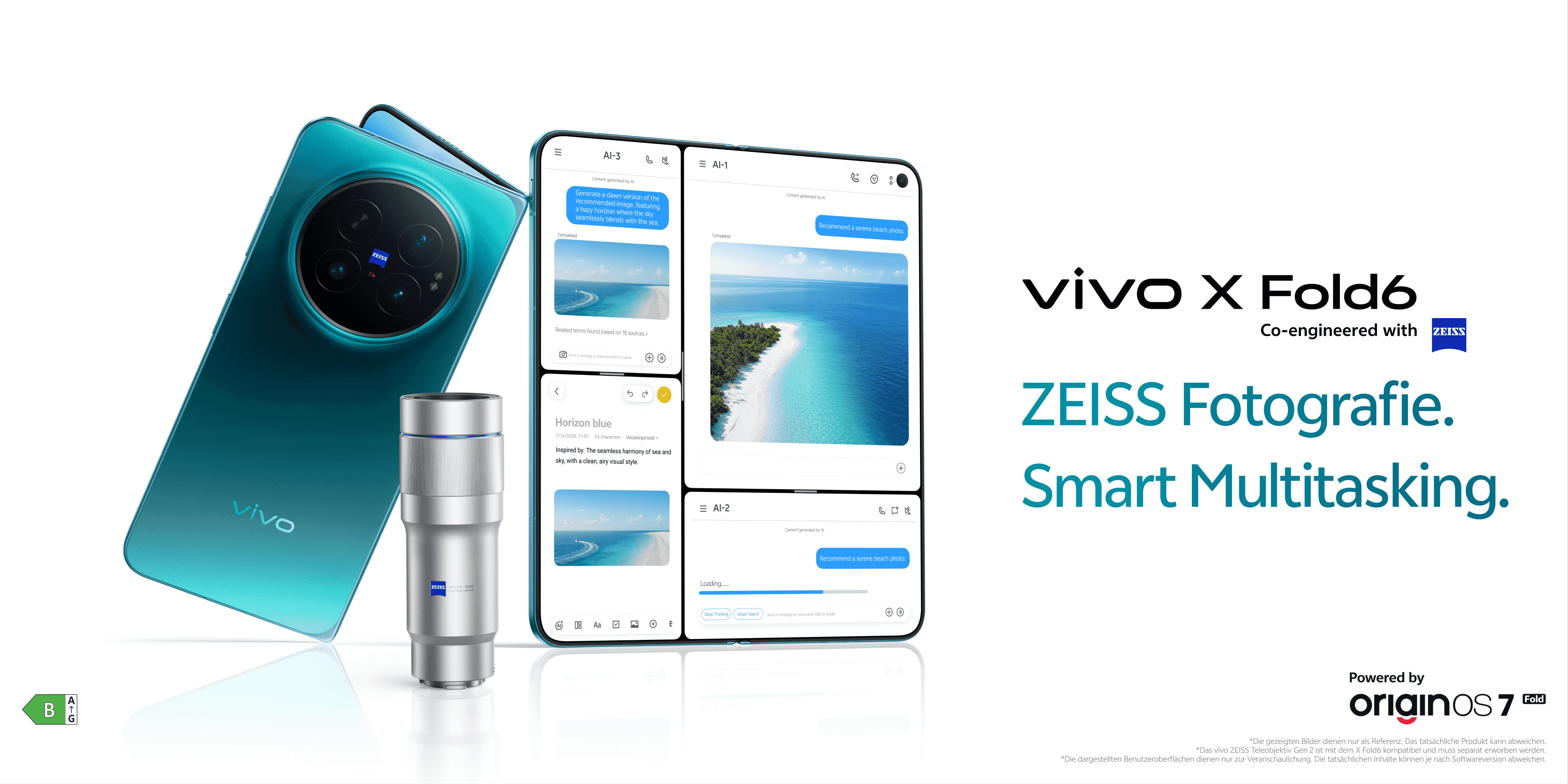Vivo X Fold6 foldable phone open and closed next to its ZEISS co-engineered camera module, with OriginOS 7 Fold branding